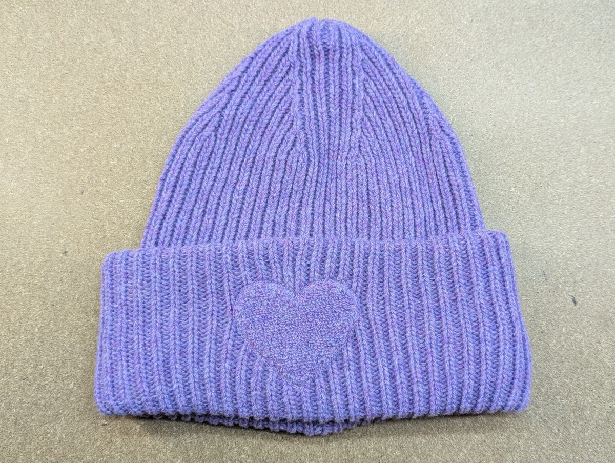 Zwillingsherz Womens Beanie Hat Cuffed Heart Ribbon Purple 