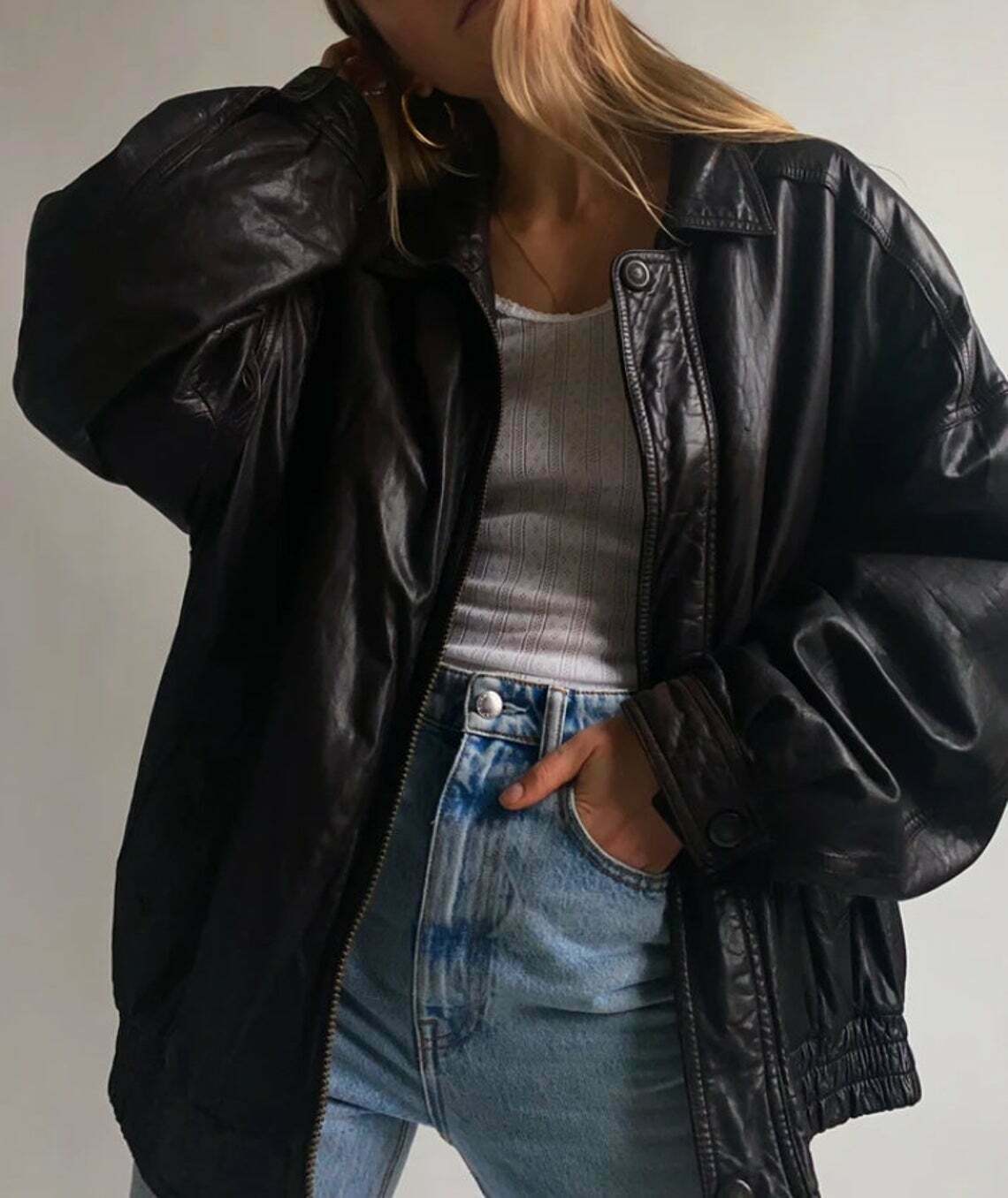 Women 90's Fashion Leather Jacket Vintage Leather Oversized Bomber  Jacket Outfit