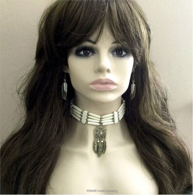 Navajo Dream Chaser Necklace Earrings Set Buffalo Beads Leather Tribal Jewelry'