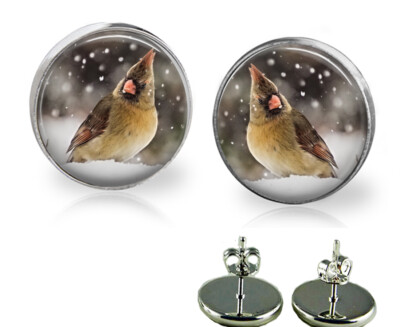 Bird Female Cardinal in the Snow Stud Earrings Avail in 3 Sizes Handcrafted Gift