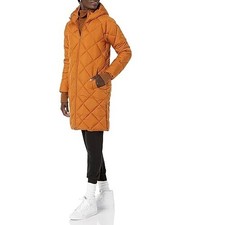 Diamond Quilted Coat Medium Womens Knee Length Tan Hooded Jacket