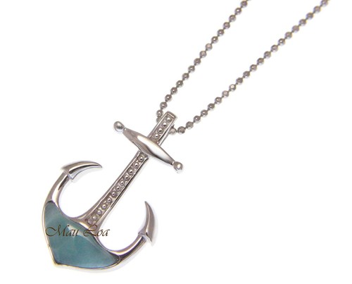 925 Sterling Silver Hawaiian Anchor Natural Blue Larimar Pendant Charm - Picture 2 of 2