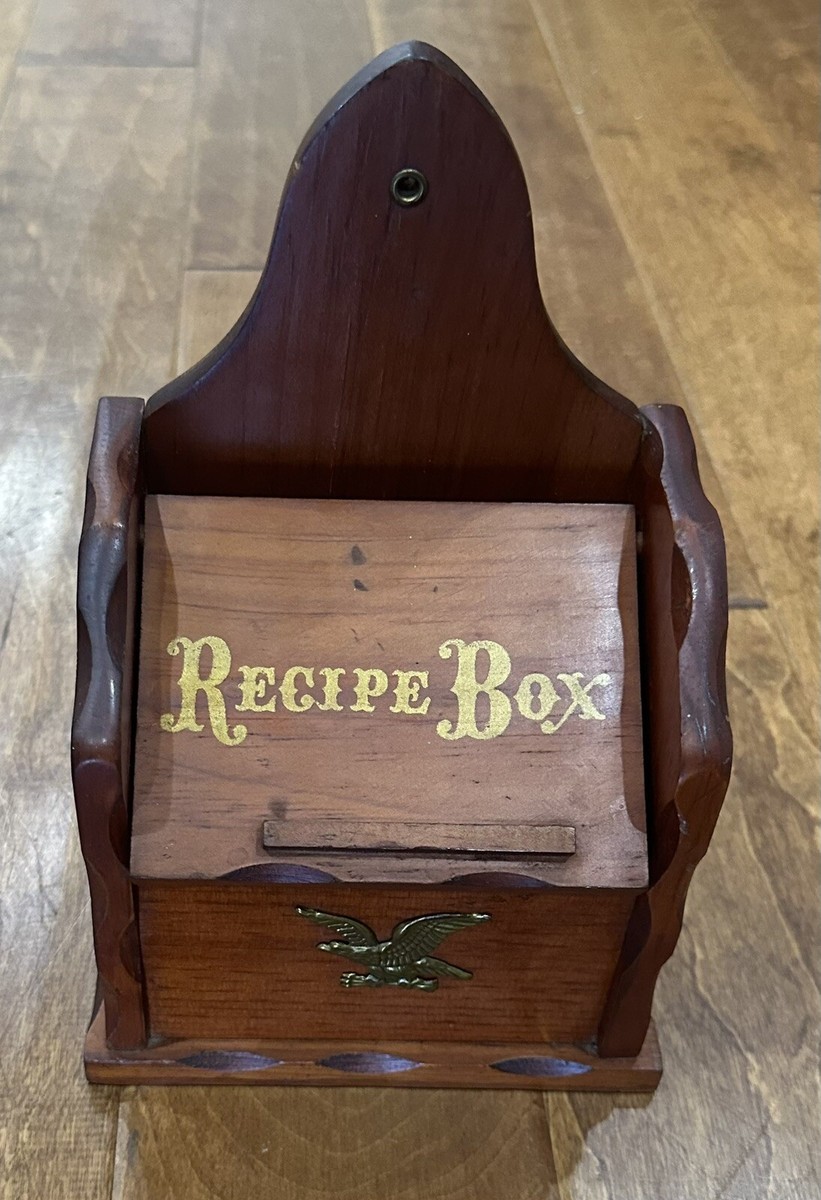 Vintage Wood Recipe Box W/Gold Metal Eagle Counter Or Wall Mount