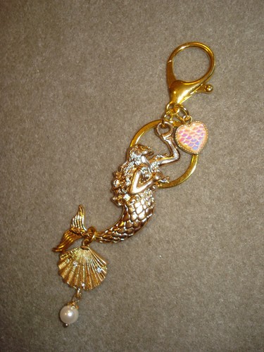 5 1/2" Drop GP Mermaid, Heart, Rhinestone Scallop & Faux Pearl Key Ring Glitz - Bild 3 von 8