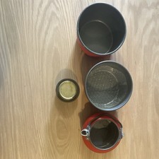 Red Silver Metal Nesting Camping Cookware Set Pot Pan Kettle Lid 4 Piece