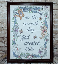 VTG Finished & Framed Cross Stitch On The Seventh Day God Created Cats No Glass