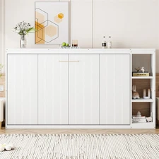 Twin Size Wooden Murphy Wall Bed with 3 Tier Storage Racks Hidden Beds-White