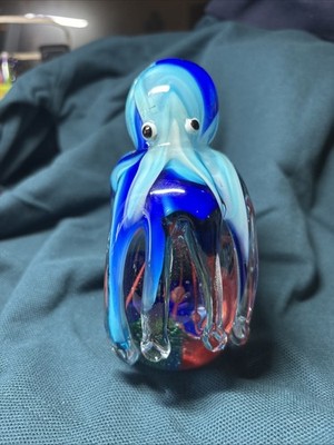 Blue Octopus Glass Paper Weight Figurine 5.5 Inch