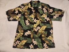 Bermuda Bay Hawaiian Aloha Flower Green Brown Silk Button Up Shirt Men's Size-M