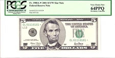 2001 $5 FRN STAR PCGS 64PPQ Fancy TRUE 0/1 BINARY Serial #CL01110101*