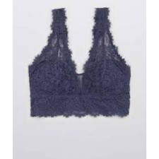 Aerie Navy Blue Lace Bralette Bra M/M Wireless V Neck Unlined