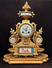 ANTIQUE FRENCH ORMOLU MANTEL CLOCK, PAINTED PORCELAIN, CHERUB, WORKS, 15.5" H