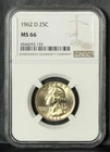 1962 D ** Washington Silver Quarter ** NGC MS66 ** New Slab ** Golden Tones **