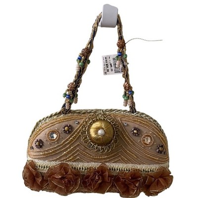 CEM NWT Beaded Evening Bag Purse Taupe Gold Floral Embellished Clutch UNIQUE