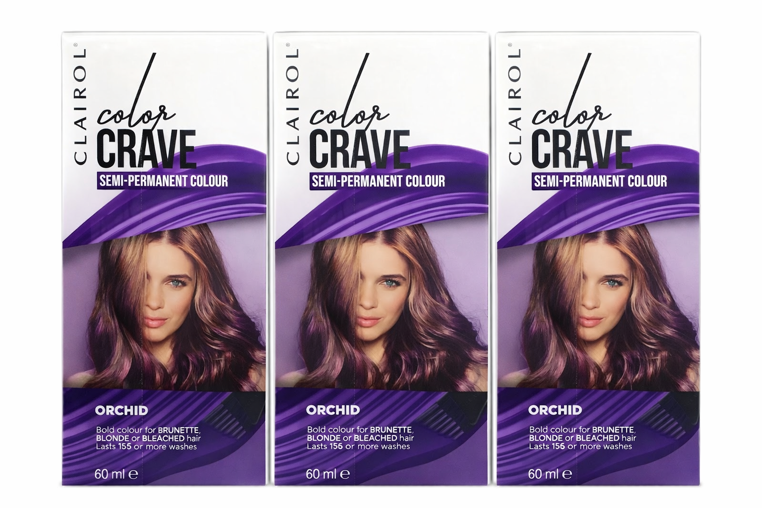 3  x CLAIROL COLOR CRAVE SEMI-PERMANENT HAIR COLOR DYE - ORCHID 60ml