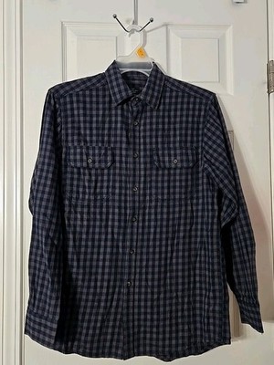 Faded Glory Long Sleeve Plaid Flannel Shirt Navy/Grey 100% Cotton Mens Size S