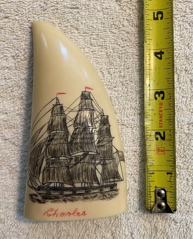 Resin Scrimshaw Whale Tooth With Sailing Ship