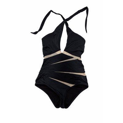 Moeva London Black Mesh Panel Plunge Halter One Piece Swimsuit S