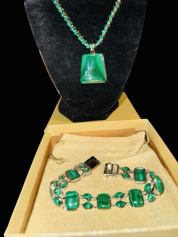 绿色孔雀石纯银铑手链 8.25 英寸 & 21 英寸项链套装 — 第 3/4 张图片