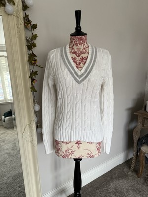 Ralph Lauren weiß silber V-Ausschnitt Zopfmuster Tennis Golf Cricket Pullover Gr. M