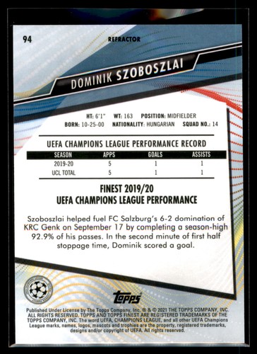 2020-21 Topps Finest UEFA Champions League REFRACTOR #94 Dominik Szoboszlai - Picture 2 of 2