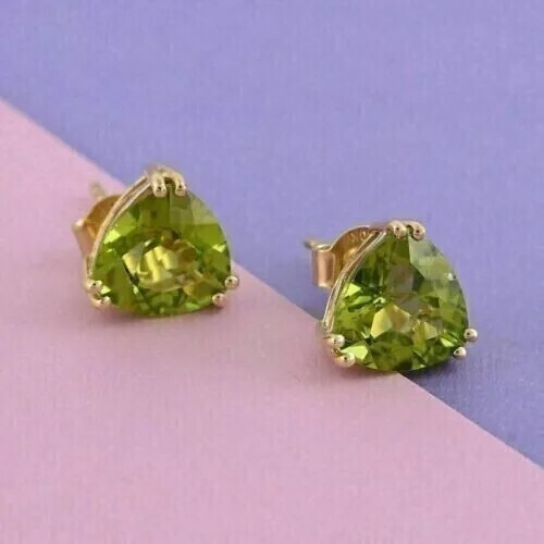 2Ct Trillion Cut Natural Green Peridot 14k Yellow Gold Plated 925 Stud Earrings - Picture 3 of 4