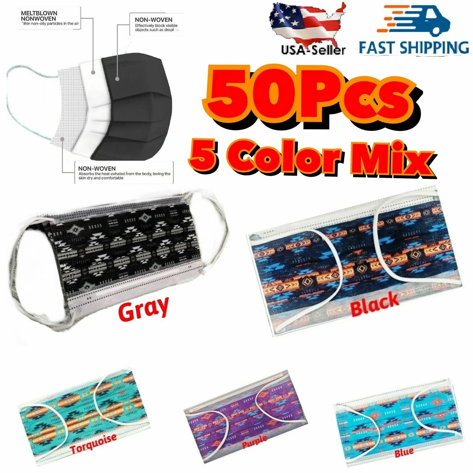 50 Pcs Southwest Face Mask Non Medical Surgical Disposable 3-Ply Mouth Cover