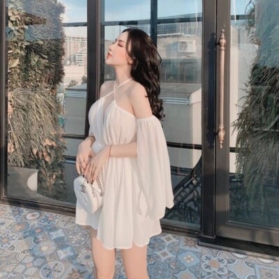 open lace back dress Cold-shoulder ruffle-bodice pleated A-line mini dress  GOEN.J