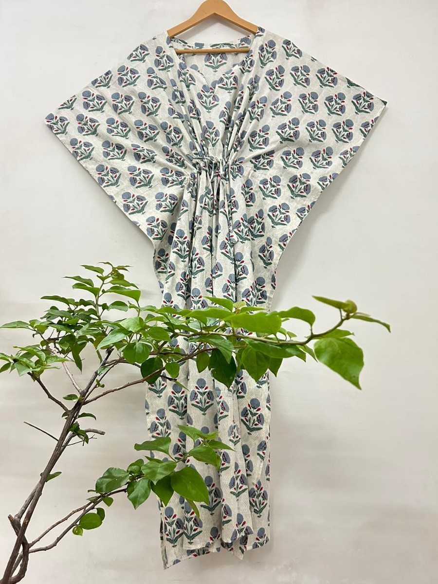 Indian Floral Block Print Cotton Maxi Beach Cover up Women Grey Caftan Dress
