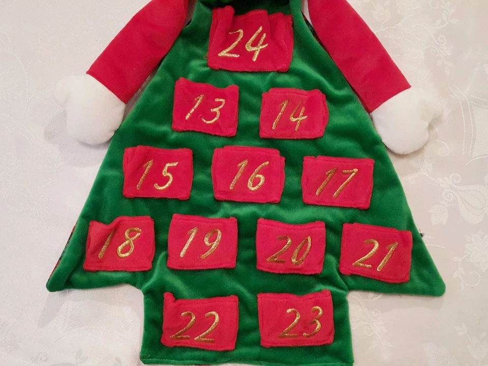 VINTAGE CHRISTMAS SANTA CLAUS RED GREEN VELVET WALL ADVENT CALENDAR ORGANIZER - Image 4 of 4