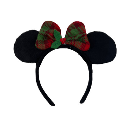 Disney Minnie Mouse Ears Christmas Holiday Holly Plaid Bow 