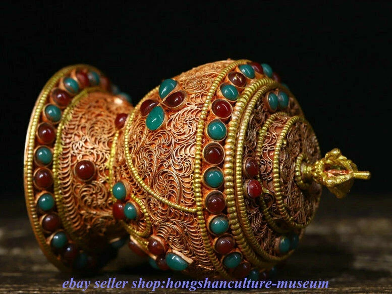 Antiguo templo del bidismo tibetano de 4,4 " alambre de plata incrustación dorada gema jarra de olla  Foto 4 de 4