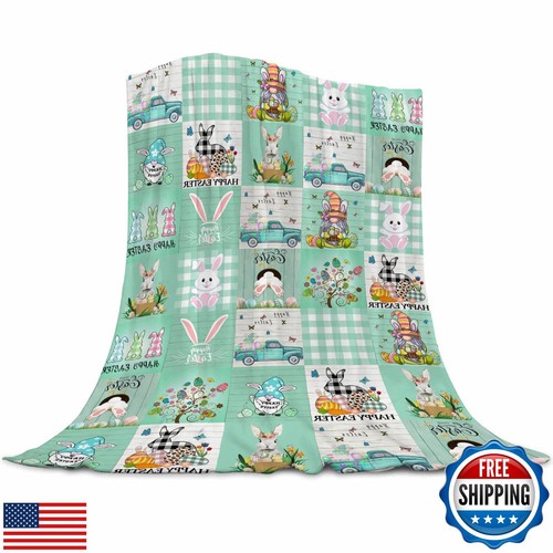Easter Bunny Blanket Super Soft Flannel Easter Element, Cute Gnome Rabbits Ta