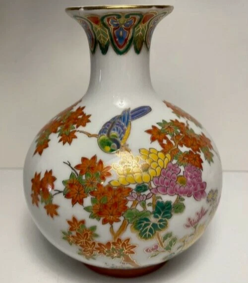 Vase Oriental Chinois En Porcelaine – Oiseaux Et Or, Fait Main, Finition Vintage