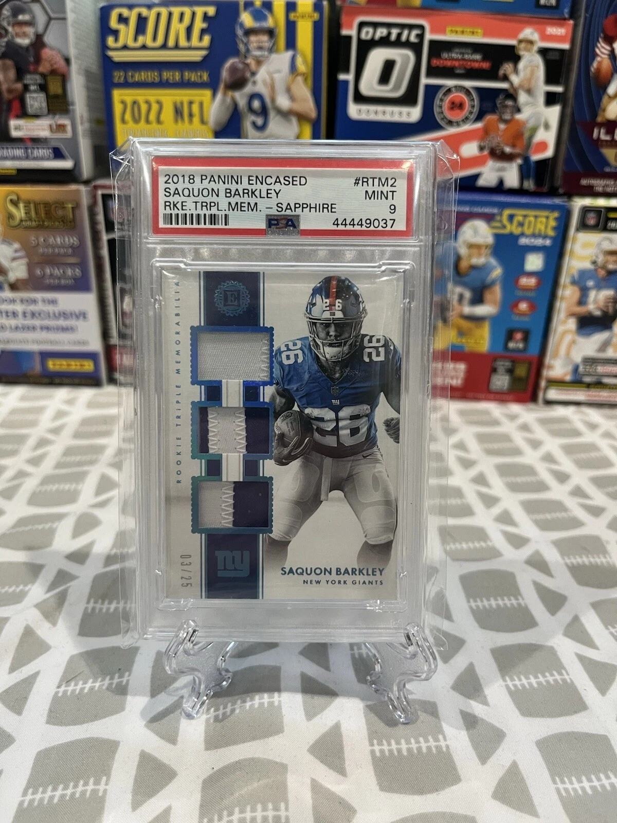 Saquon Barkley Panini Encased Rookie Triple Memorabilia #RTM2 Sapphire