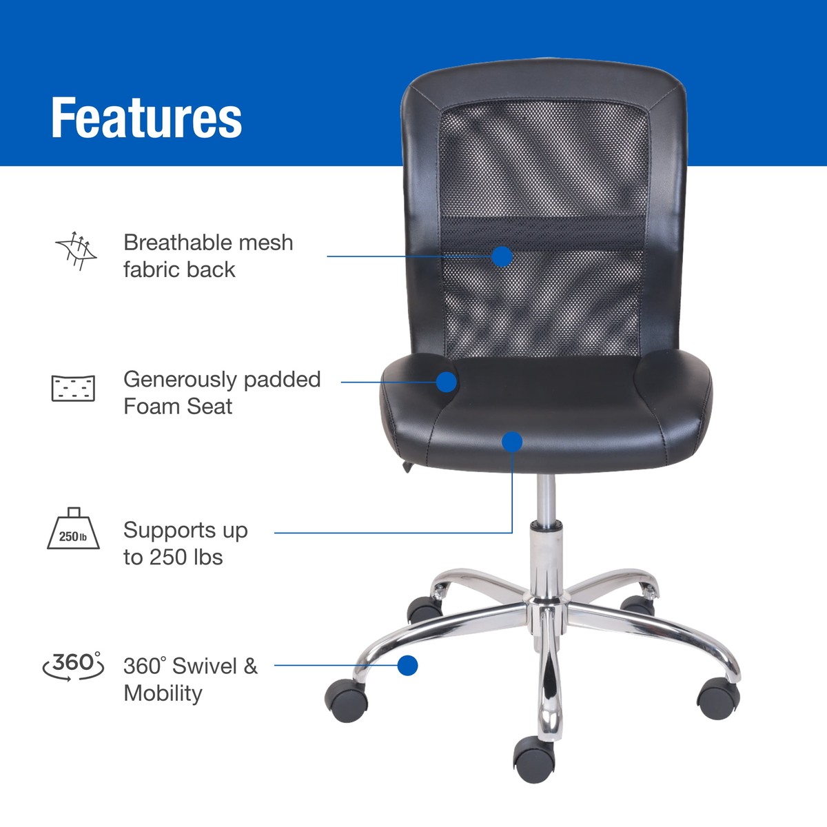 Mainstays Mid Back Vinyl Mesh Task Office Chair Black Supports up