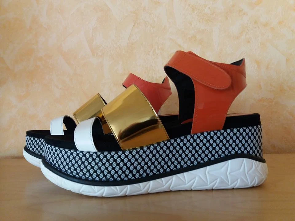 MEGA Alba Moda Keil Sandalette NEU Gr. 41 F orange weiss gold Nappa Glanz Leder - Bild 2 von 4