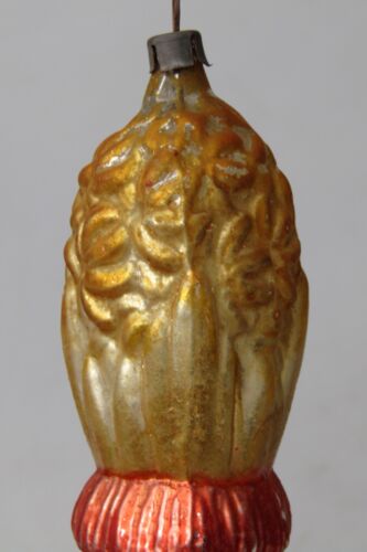 Vintage Antik Glas Gold Hyazinthe Blume geprägt Weihnachtsschmuck Germany - Bild 4 von 9