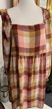 LOFT Women’s M Multicolor Plaid Long Sleeve Square Neck Mini Babydoll Dress