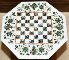 Luxury White Marble Chess Set – Pauashell Inlay Floral Art with Chess Pieces