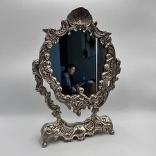 1950s Baroque Silver Plated Vanity Table Mirror Putti Cherub Rococo Style Decor