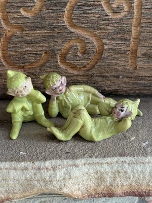 Vintage Pixie Elf Figurines Japan Lot of 3 Green Reclining Knee Hugger  AS IS