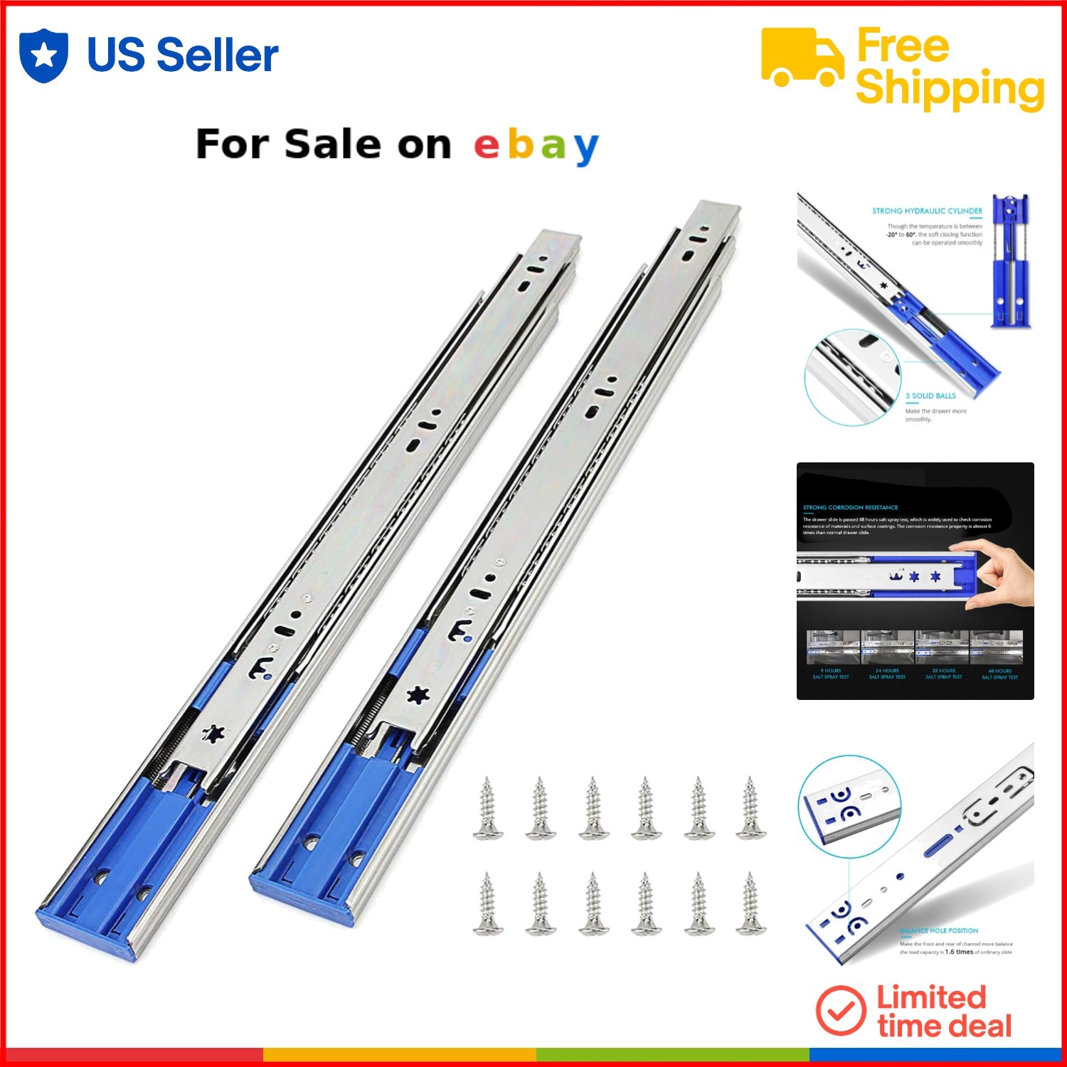 24 Inch Soft Close Full Extension Drawer Slides Steel Zinc Plated 100LB Capacity