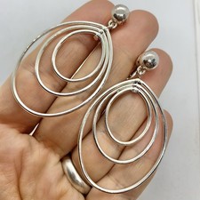 Vtg Shiny Silvertone Oval Triple Hoop Statement Dangle Earrings Clip Large