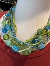 Multi Strand Blue  Green Glass Beaded 20  Necklace