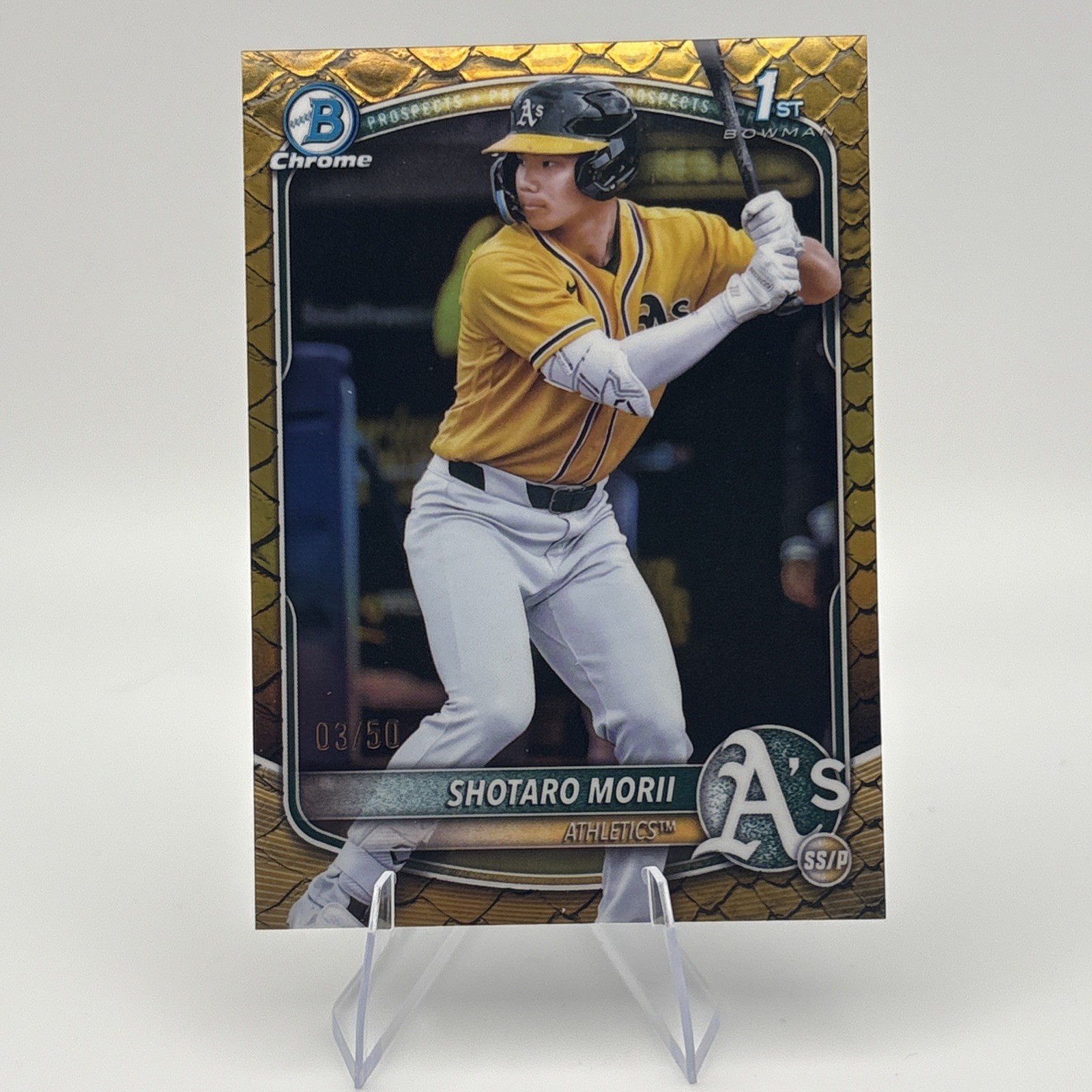 2025 Bowman Chrome Shotaro Morii 1st Gold Reptilian Refractor 03/50!! Athletics