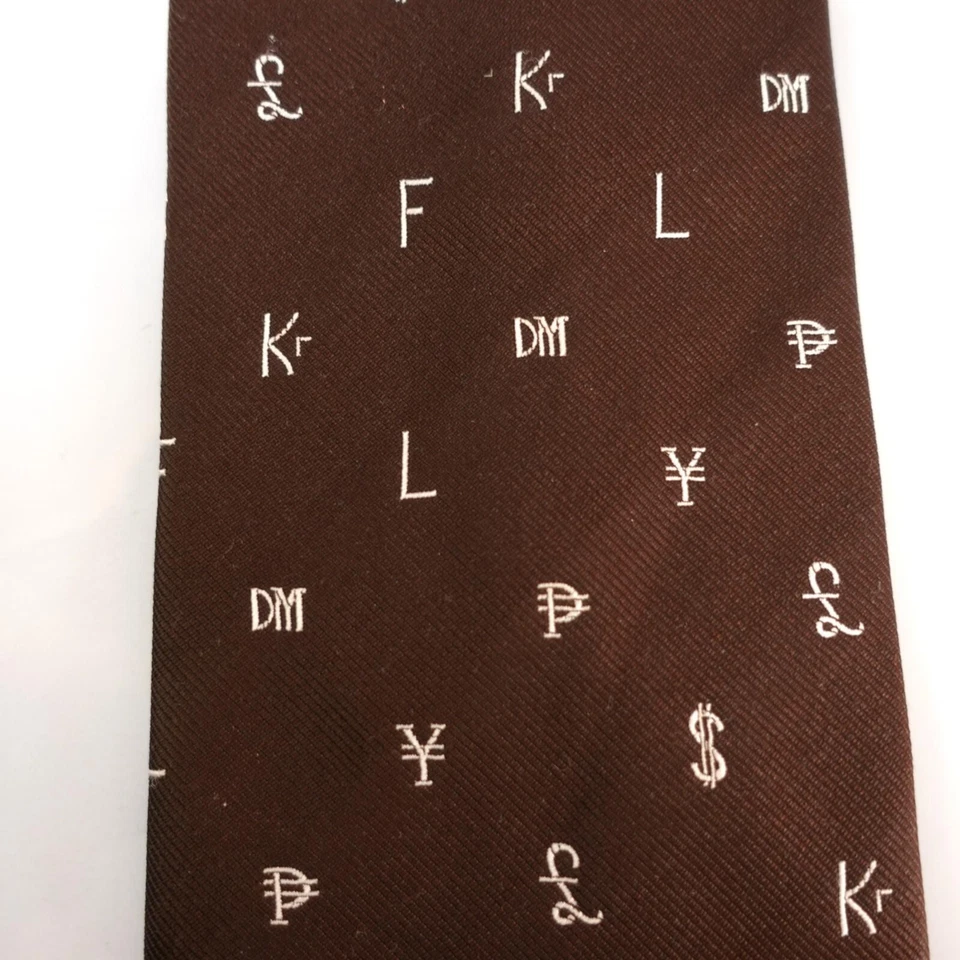 Corbata de cuello PIERRE CARDIN vintage para hombre marrón símbolo de moneda dinero bancario años 80 trabajo Foto 3 de 4