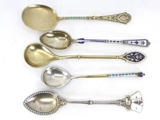 Lot of 5 Silver Enamel Cloisonné & Champlevé Souvenir Spoons Europe 