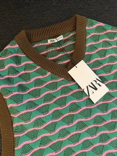 Zara Men’s V-Neck Sleeveless Knit Sweater Vest Striped Green Pink Brown S/M image 2