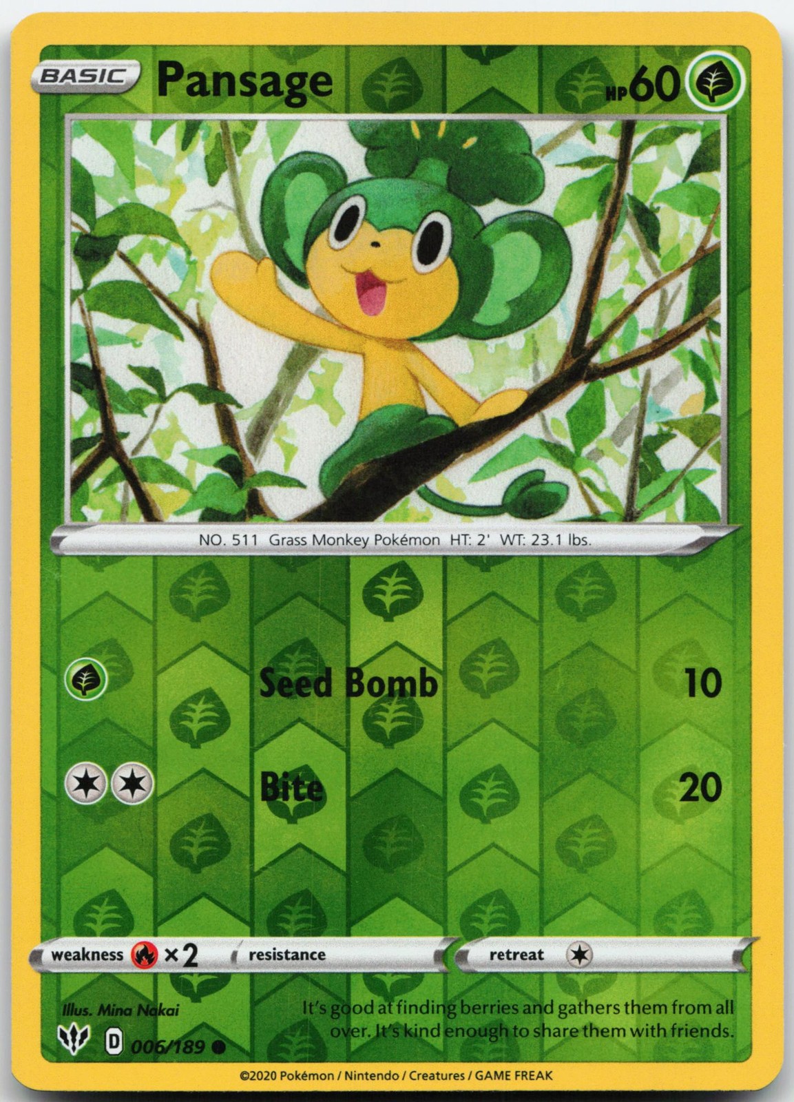 PANSAGE 006/189 COMMON DARKNESS ABLAZE POKEMON REVERSE HOLO LP